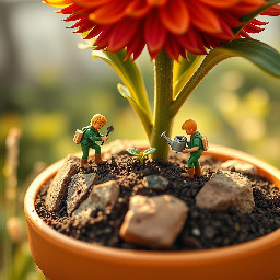 Generated with Gemini Flash on @GeminiApp  Vedio prompt ⤵️⤵️:  Create a whimsical, ultra-realistic cinematic 10-second macro video showing tiny human gardeners working inside a gigantic flowerpot. The miniature gardeners, dressed in detailed green gardening clothes and tiny boots, climb over huge chunks of soil carrying miniature shovels and seed packets. They dig a small hole, carefully place a seed inside, cover it with soil, and gently water it using a tiny watering can. Massive flower stems and leaves tower above them like a jungle. The camera starts with a dramatic close-up of the tiny gardeners and slowly pulls back to reveal the enormous flowerpot. Warm golden morning sunlight, realistic soil particles, sparkling water droplets, shallow depth of field, macro photography, cinematic lighting, adorable miniature scale, highly detailed textures, smooth camera movement, natural garden ASMR sounds only, no music, no text, no man.