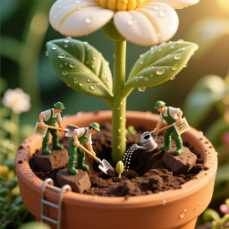 Generated with Gemini Flash on @GeminiApp  Vedio prompt ⤵️⤵️:  Create a whimsical, ultra-realistic cinematic 10-second macro video showing tiny human gardeners working inside a gigantic flowerpot. The miniature gardeners, dressed in detailed green gardening clothes and tiny boots, climb over huge chunks of soil carrying miniature shovels and seed packets. They dig a small hole, carefully place a seed inside, cover it with soil, and gently water it using a tiny watering can. Massive flower stems and leaves tower above them like a jungle. The camera starts with a dramatic close-up of the tiny gardeners and slowly pulls back to reveal the enormous flowerpot. Warm golden morning sunlight, realistic soil particles, sparkling water droplets, shallow depth of field, macro photography, cinematic lighting, adorable miniature scale, highly detailed textures, smooth camera movement, natural garden ASMR sounds only, no music, no text, no man.
