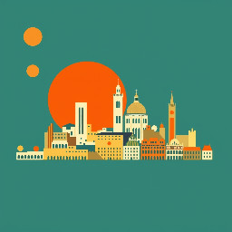 Create a sophisticated Bauhaus-inspired graphic composition for a photo album cover about a trip through Valencia, Rome, Milan and Florence.  Use ONLY this color palette:  * #233D4D — deep blue-gray * #FE7F2D — vivid orange * #FCCA46 — warm yellow * #A1C181 — muted light green * #619B8A — muted teal green  Composition: vertical portrait format, designed specifically as a premium photo album cover. Create a very simple abstract European city skyline, concentrated primarily along the BOTTOM and LEFT portions of the cover. The skyline and geometric forms should gradually become sparser toward the TOP and RIGHT, leaving generous negative space.  Build the skyline from extremely simplified geometric architectural forms: rectangular buildings, arches, domes, towers, narrow vertical structures, windows represented as simple geometric marks, and a few distinctive abstract architectural silhouettes. Subtly evoke the character of Valencia, Rome, Milan and Florence without literally reproducing recognizable landmarks.  Use circles, semicircles, rectangles, squares, vertical lines and clean geometric blocks. Include a few larger abstract architectural forms mixed with smaller repeated shapes to create rhythm. Some buildings and shapes may extend beyond the bottom and left edges of the cover.  The composition should feel like a refined Bauhaus poster rather than a detailed illustration. Strong geometric hierarchy, asymmetrical balance, controlled repetition, overlapping flat shapes and excellent use of negative space.  Mid-century European modernist graphic design, Bauhaus principles, elegant, timeless, sophisticated, slightly playful. Flat vector-like shapes with crisp clean edges.  No text, no letters, no words, no numbers, no logos, no photographs, no gradients, no shadows, no 3D effects, no realistic buildings, no excessive detail, no texture. Background should be #619B8A.