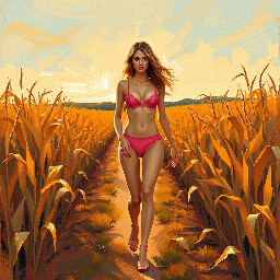 Painterly dream impressionism with expressive, visible brushstrokes. Flowing, swirling oil paint texture that gives the scene a subtle sense of motion and emotional atmosphere. Color palette inspired by Americana landscapes and country music storytelling: warm sunset ambers, prairie gold, burnt orange, dusty sky blues, faded denim blues, earthy browns, and soft sage greens. Light feels painted into the scene rather than cast realistically, creating a nostalgic golden-hour glow. Landscapes and forms feel shaped by emotion rather than strict realism, maintaining a dreamy yet readable environment. Romantic, timeless countryside atmosphere with a poetic, reflective mood. Traditional oil painting texture with rich color depth and visible brushwork dominating the image. No photorealism, no flat illustration, no cartoon style.  Gorgeous caucasian woman walking in pink underwear in a path of a corn field.