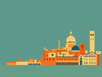 Create a sophisticated Bauhaus-inspired graphic composition for a photo album cover about a trip through Valencia, Rome, Milan and Florence.  Use ONLY this color palette:  * #233D4D — deep blue-gray * #FE7F2D — vivid orange * #FCCA46 — warm yellow * #A1C181 — muted light green * #619B8A — muted teal green  Composition: vertical portrait format, designed specifically as a premium photo album cover. Create a very simple abstract European city skyline, concentrated primarily along the BOTTOM and LEFT portions of the cover. The skyline and geometric forms should gradually become sparser toward the TOP and RIGHT, leaving generous negative space.  Build the skyline from extremely simplified geometric architectural forms: rectangular buildings, arches, domes, towers, narrow vertical structures, windows represented as simple geometric marks, and a few distinctive abstract architectural silhouettes. Subtly evoke the character of Valencia, Rome, Milan and Florence without literally reproducing recognizable landmarks.  Use circles, semicircles, rectangles, squares, vertical lines and clean geometric blocks. Include a few larger abstract architectural forms mixed with smaller repeated shapes to create rhythm. Some buildings and shapes may extend beyond the bottom and left edges of the cover.  The composition should feel like a refined Bauhaus poster rather than a detailed illustration. Strong geometric hierarchy, asymmetrical balance, controlled repetition, overlapping flat shapes and excellent use of negative space.  Mid-century European modernist graphic design, Bauhaus principles, elegant, timeless, sophisticated, slightly playful. Flat vector-like shapes with crisp clean edges.  No text, no letters, no words, no numbers, no logos, no photographs, no gradients, no shadows, no 3D effects, no realistic buildings, no excessive detail, no texture. Background should be #619B8A.
