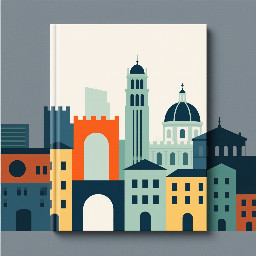 Create a sophisticated Bauhaus-inspired graphic composition for a photo album cover about a trip through Valencia, Rome, Milan and Florence.  Use ONLY this color palette:  * #233D4D — deep blue-gray * #FE7F2D — vivid orange * #FCCA46 — warm yellow * #A1C181 — muted light green * #619B8A — muted teal green  Composition: vertical portrait format, designed specifically as a premium photo album cover. Create a very simple abstract European city skyline, concentrated primarily along the BOTTOM and LEFT portions of the cover. The skyline and geometric forms should gradually become sparser toward the TOP and RIGHT, leaving generous negative space.  Build the skyline from extremely simplified geometric architectural forms: rectangular buildings, arches, domes, towers, narrow vertical structures, windows represented as simple geometric marks, and a few distinctive abstract architectural silhouettes. Subtly evoke the character of Valencia, Rome, Milan and Florence without literally reproducing recognizable landmarks.  Use circles, semicircles, rectangles, squares, vertical lines and clean geometric blocks. Include a few larger abstract architectural forms mixed with smaller repeated shapes to create rhythm. Some buildings and shapes may extend beyond the bottom and left edges of the cover.  The composition should feel like a refined Bauhaus poster rather than a detailed illustration. Strong geometric hierarchy, asymmetrical balance, controlled repetition, overlapping flat shapes and excellent use of negative space.  Mid-century European modernist graphic design, Bauhaus principles, elegant, timeless, sophisticated, slightly playful. Flat vector-like shapes with crisp clean edges.  No text, no letters, no words, no numbers, no logos, no photographs, no gradients, no shadows, no 3D effects, no realistic buildings, no excessive detail, no texture. Background should be #619B8A.